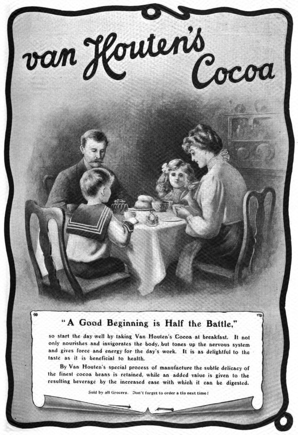 A 1903 magazine advertisement for Van Houten's cocoa showing a family at breakfast
